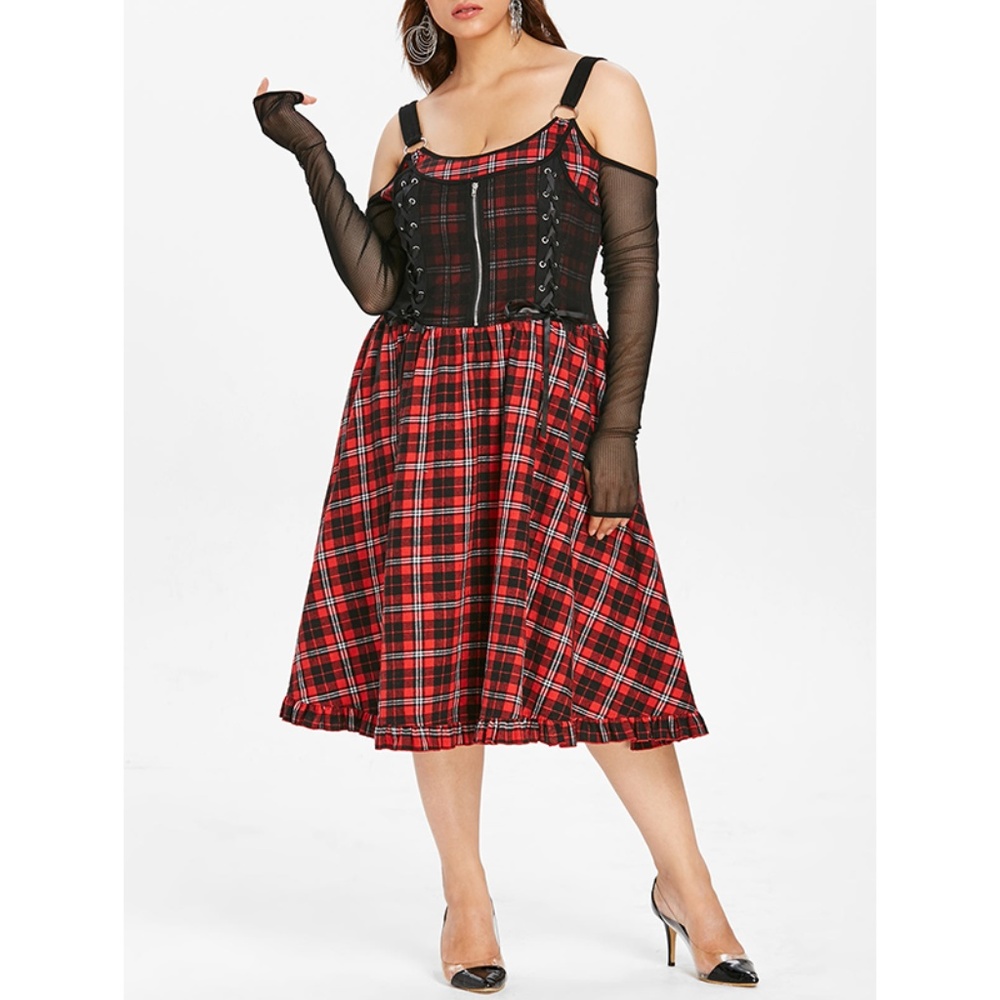 ♠ Plus Size Goth Punk Lace Up Plaid Dress ♠